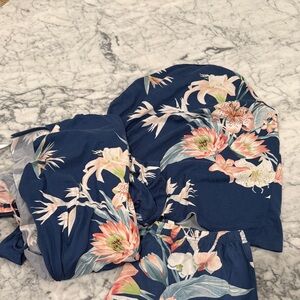 Flora Nikrooz Floral Print Robe with tank and 
Shorts- Navy and Pink